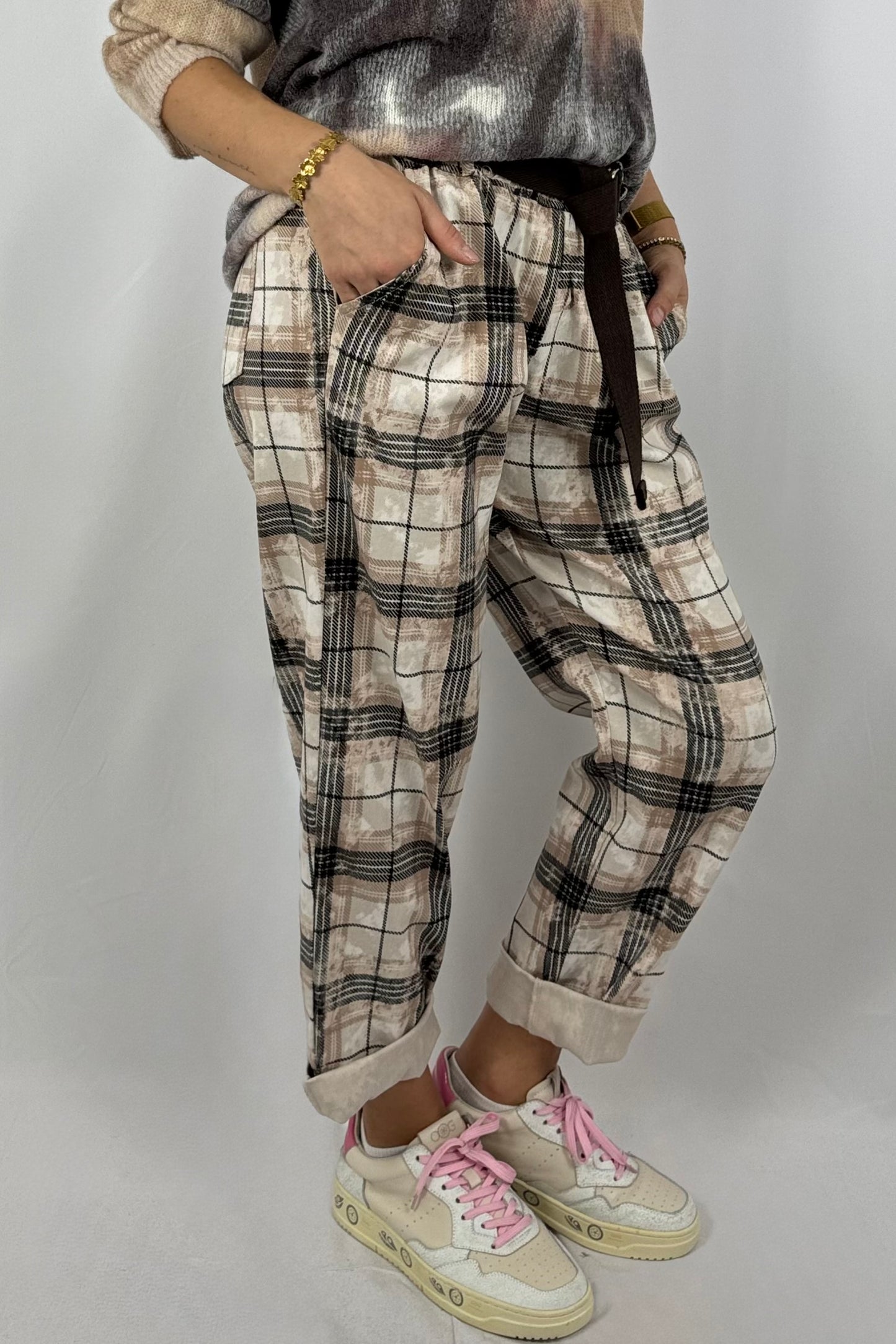 Damen Hose – Karomuster mit Gürtel-Beige