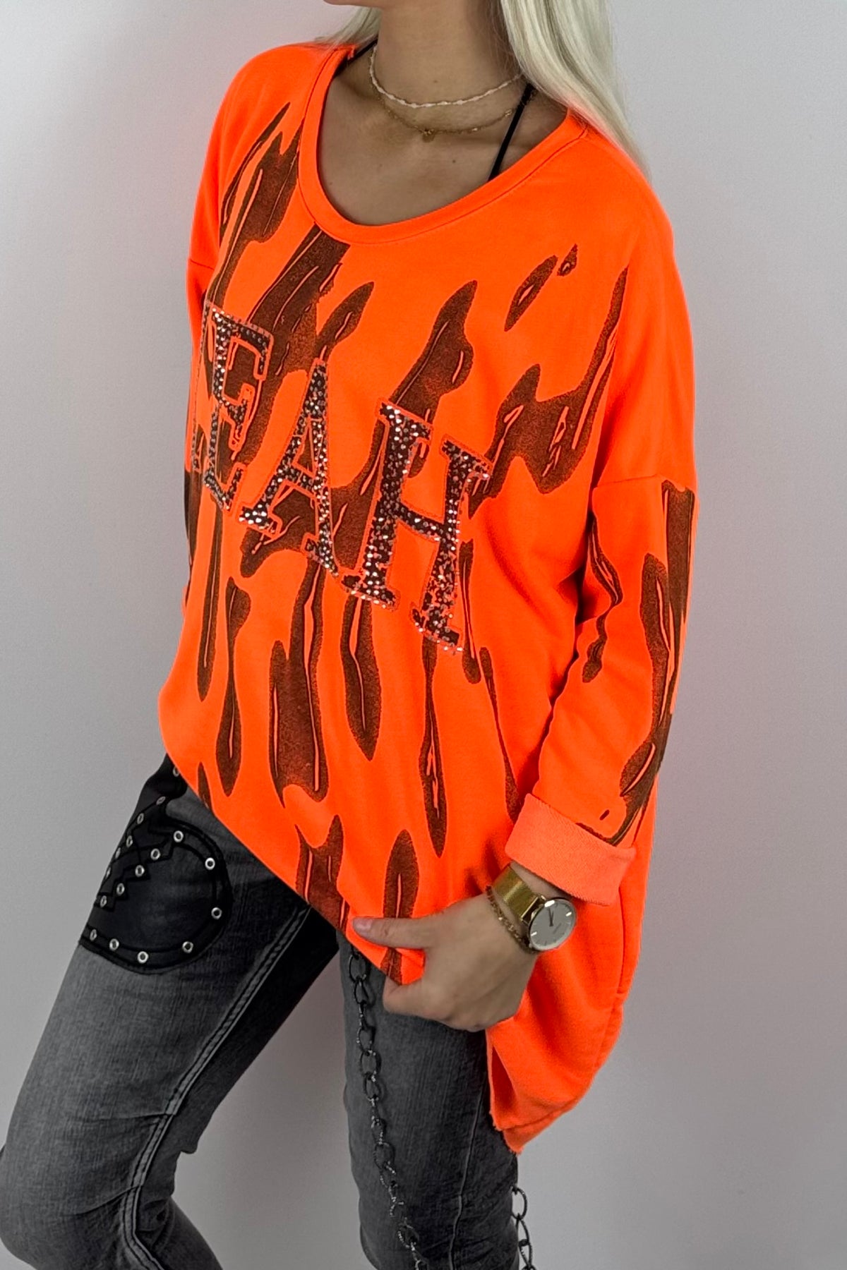Damen-Sweatshirt mit „YEAH“-Schriftzug und Glitzersteinen-Neon Orange