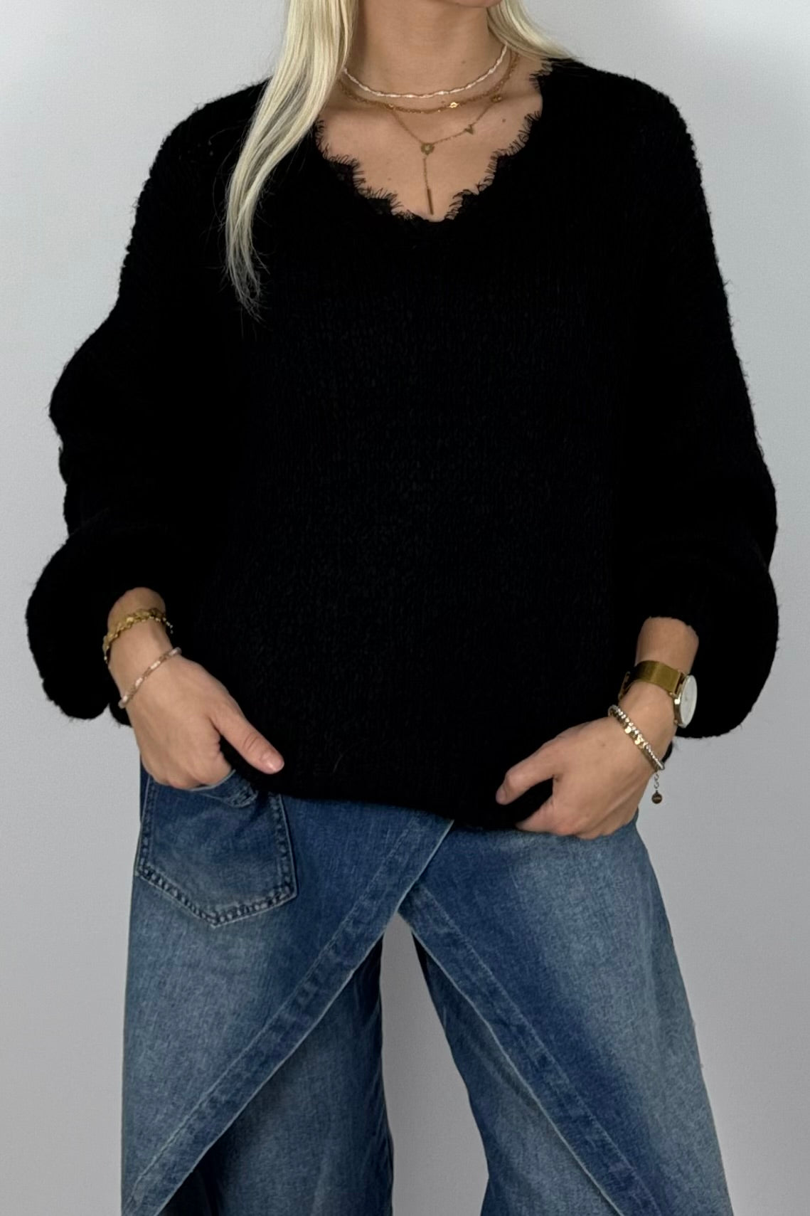 Damen Oversize Strickpullover mit V-Ausschnitt –Schwarz
