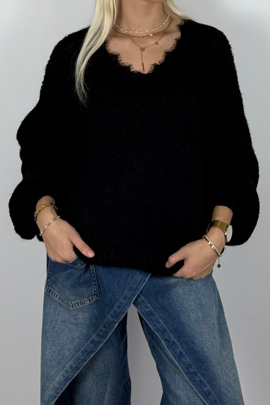 Damen Oversize Strickpullover mit V-Ausschnitt –Schwarz