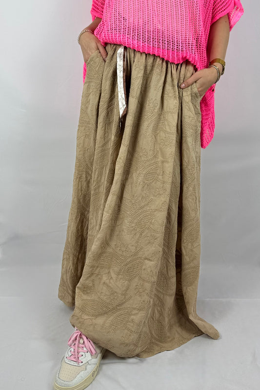 Boho Midi Rock mit Stickerei & Gürtel – Baumwolle -cammel