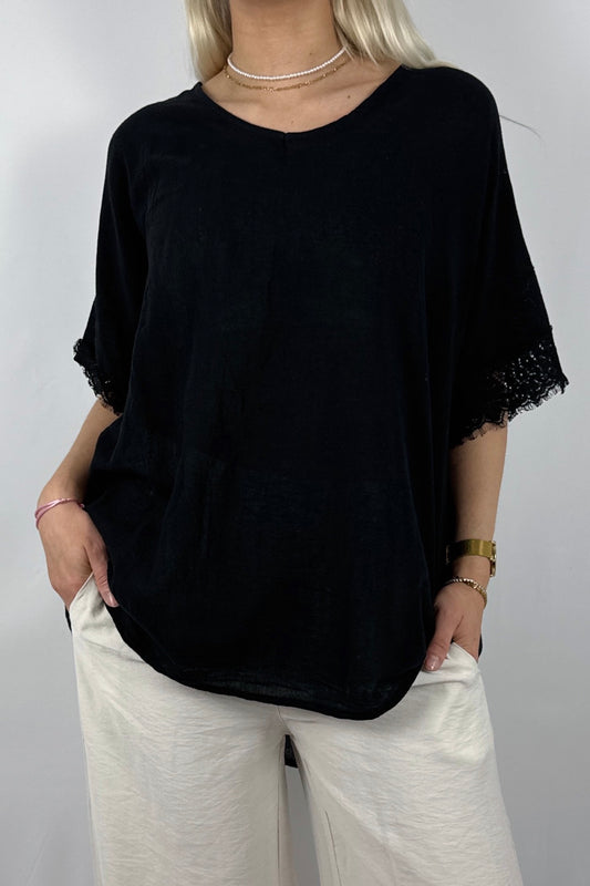 Oversize Damen Shirt mit Spitzen Details und V Ausschnitt-Schwarz