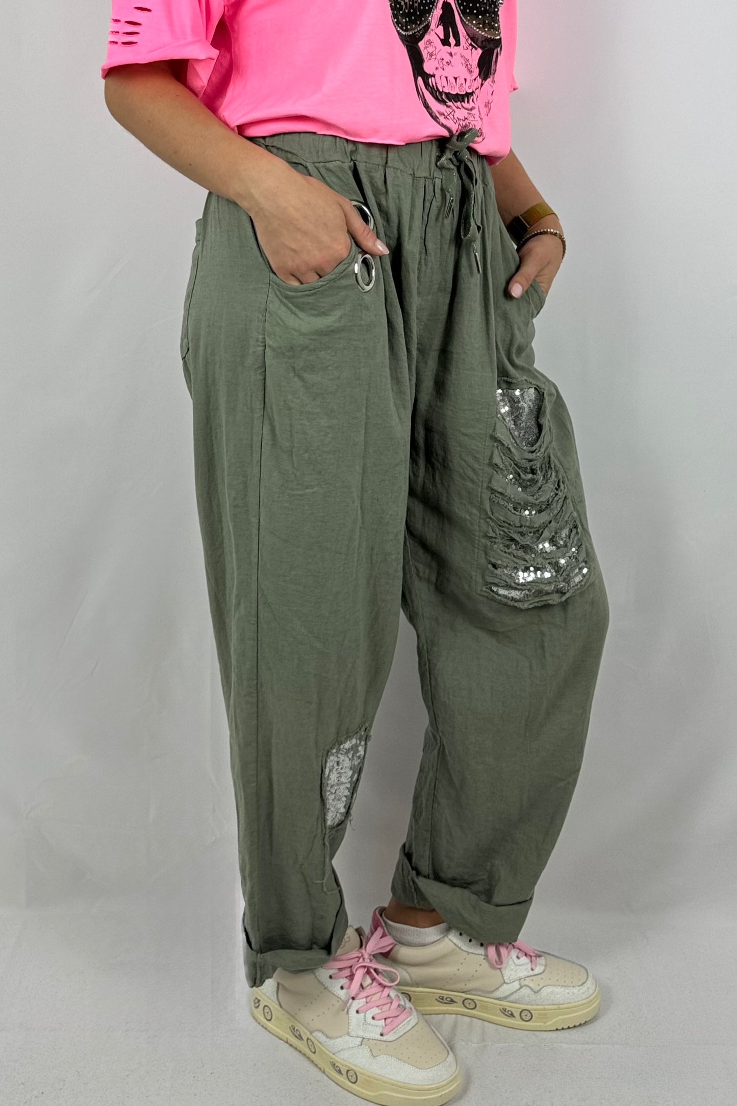 Leinen-Viskose Hose mit Pailletten-Details-Khaki