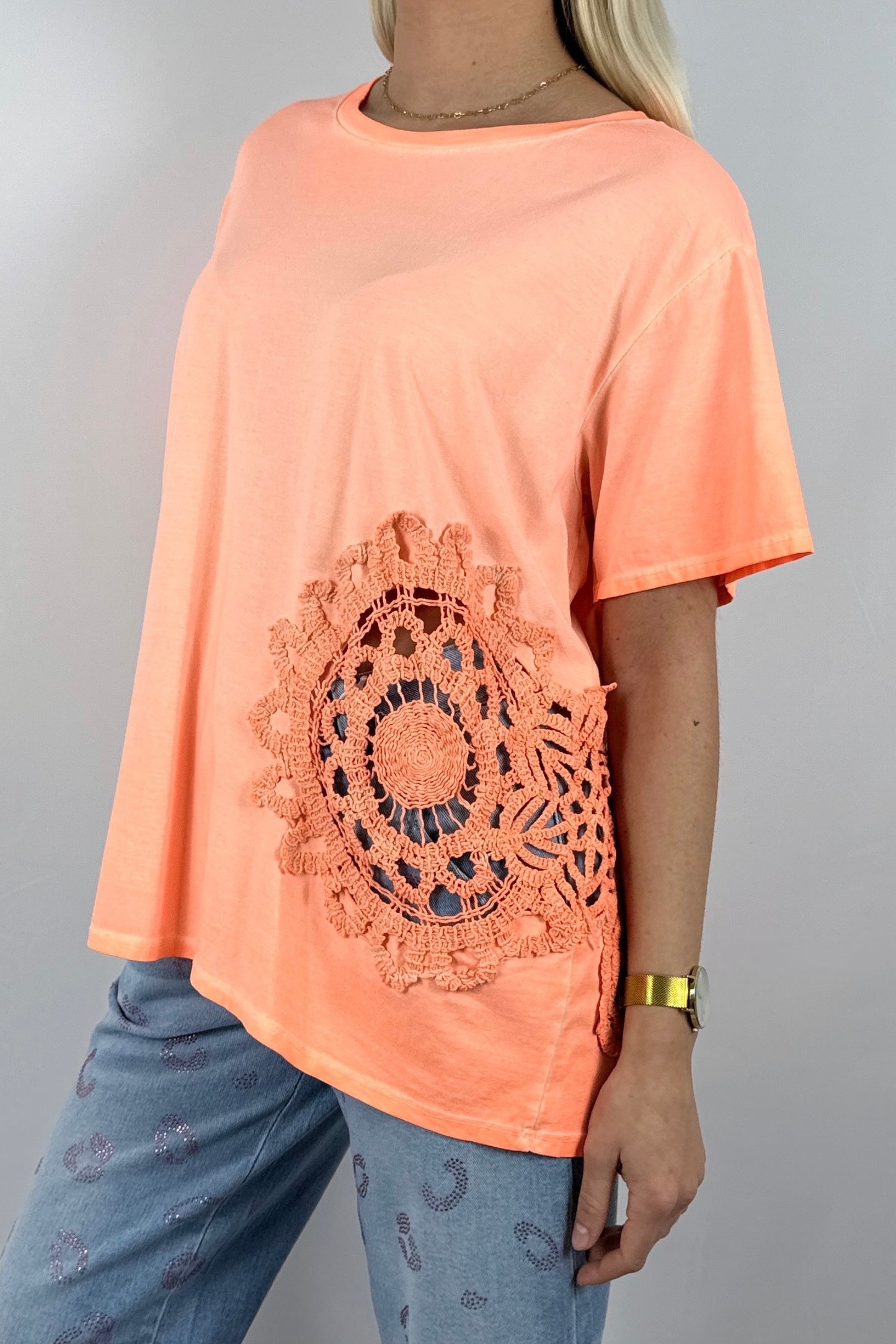 Shirt mit großem Häkel Muster-Neon Orange