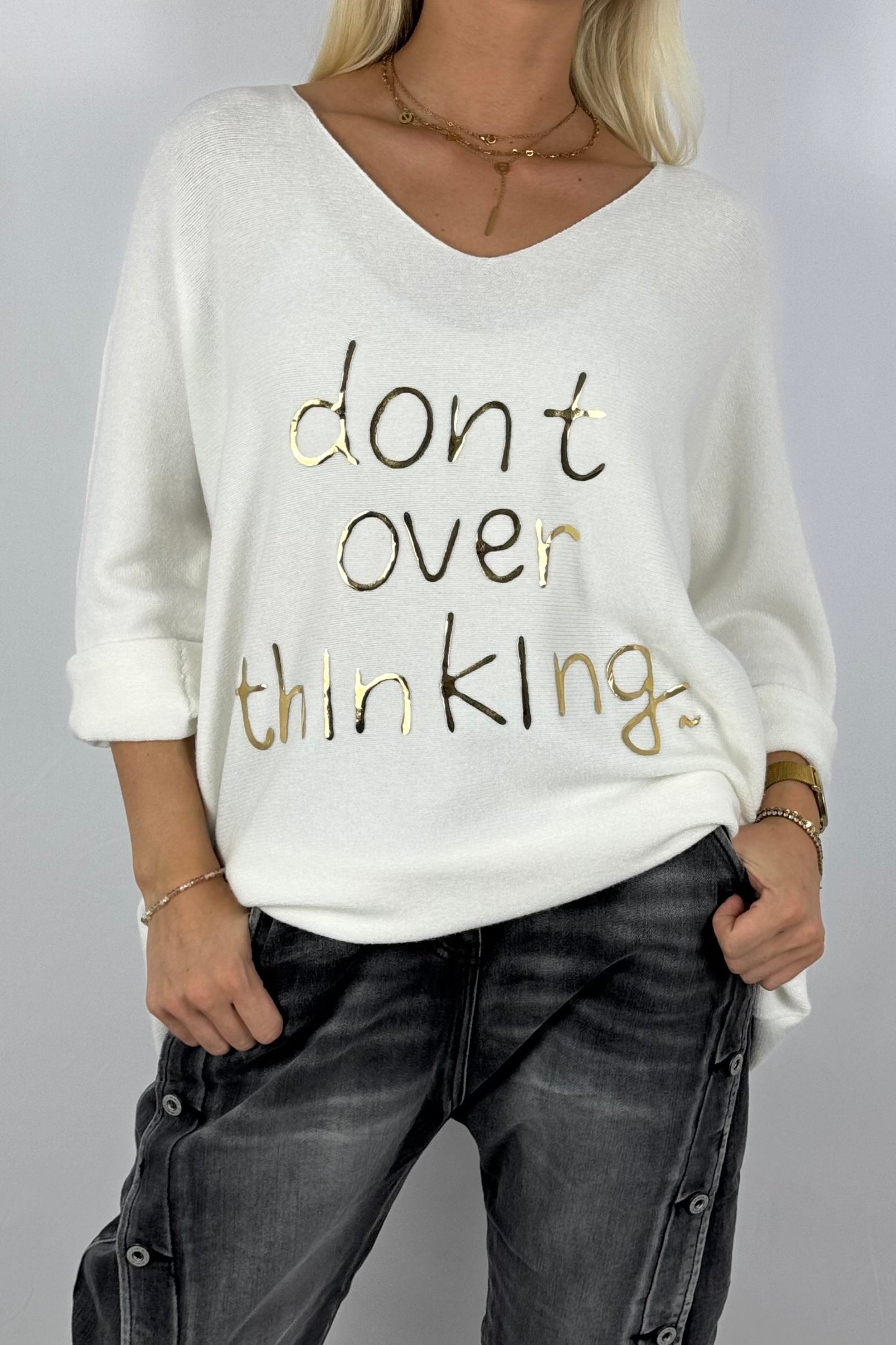 Damen Feinstrick-Pullover „Don’t Over Thinking“ – Weiß