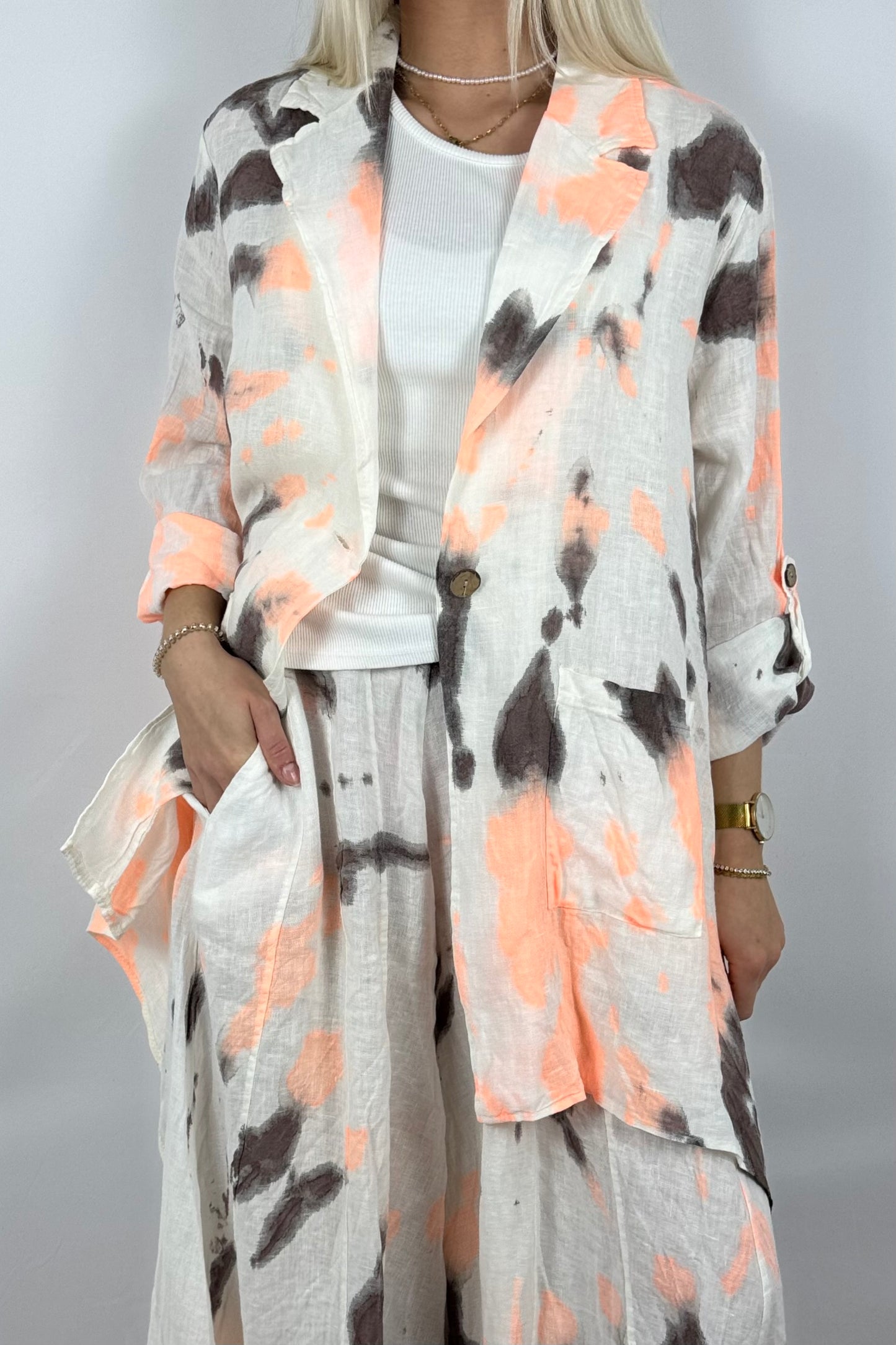 Leinen Bluse mit Batik Muster – Lockerer Oversize Style-Neon Orange