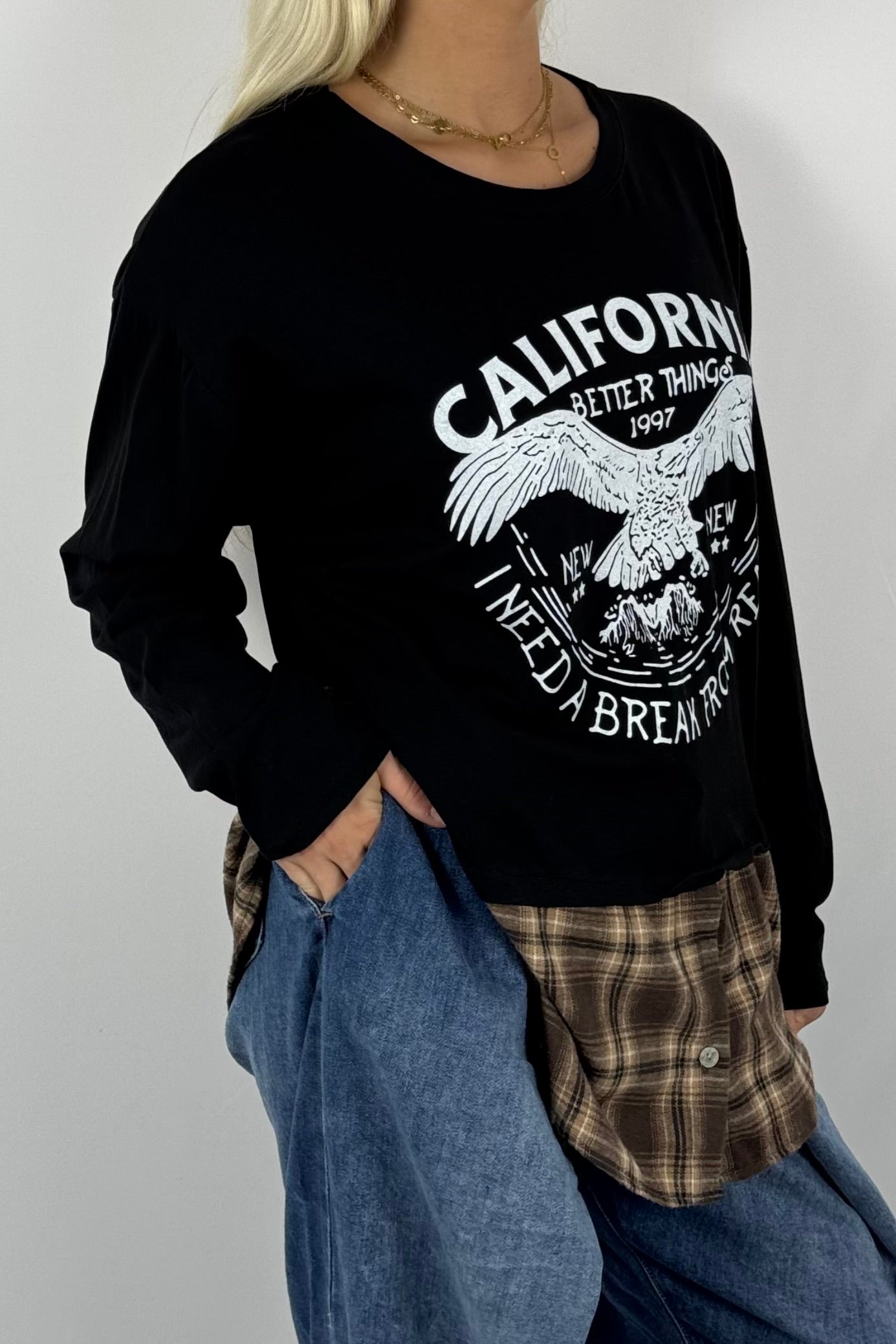 Damen Layering-Shirt „California“ – Karomuster-Look-Schwarz