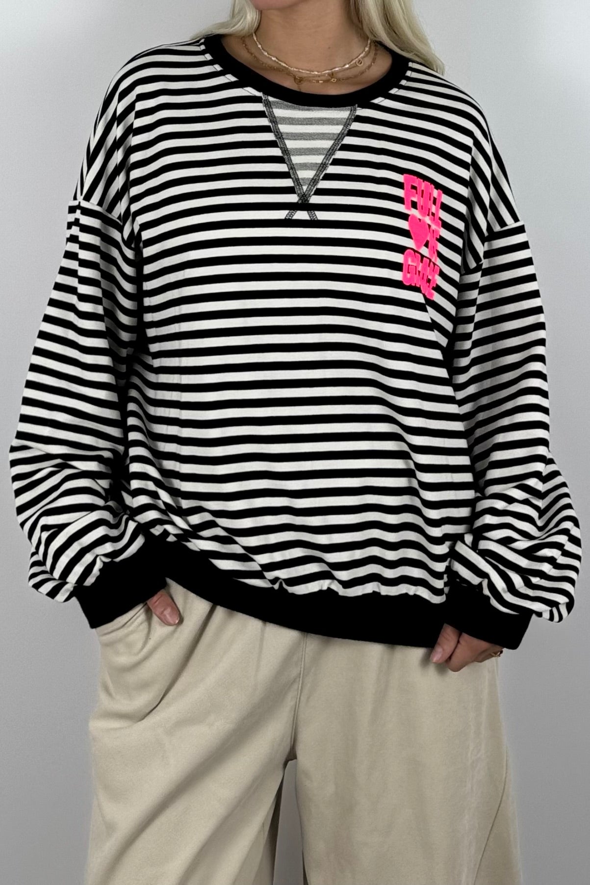 Oversize Streifen-Shirt mit „Full of Grace“-Weiß