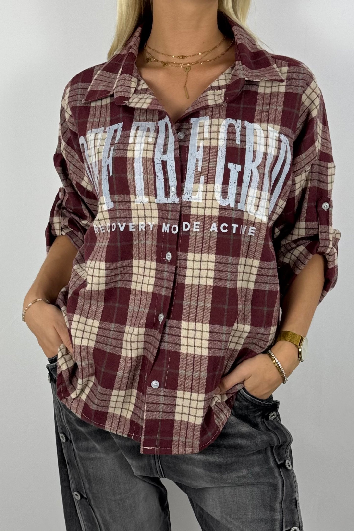 Damen Karobluse „Off The Grid“ – Oversize-Bordeaux
