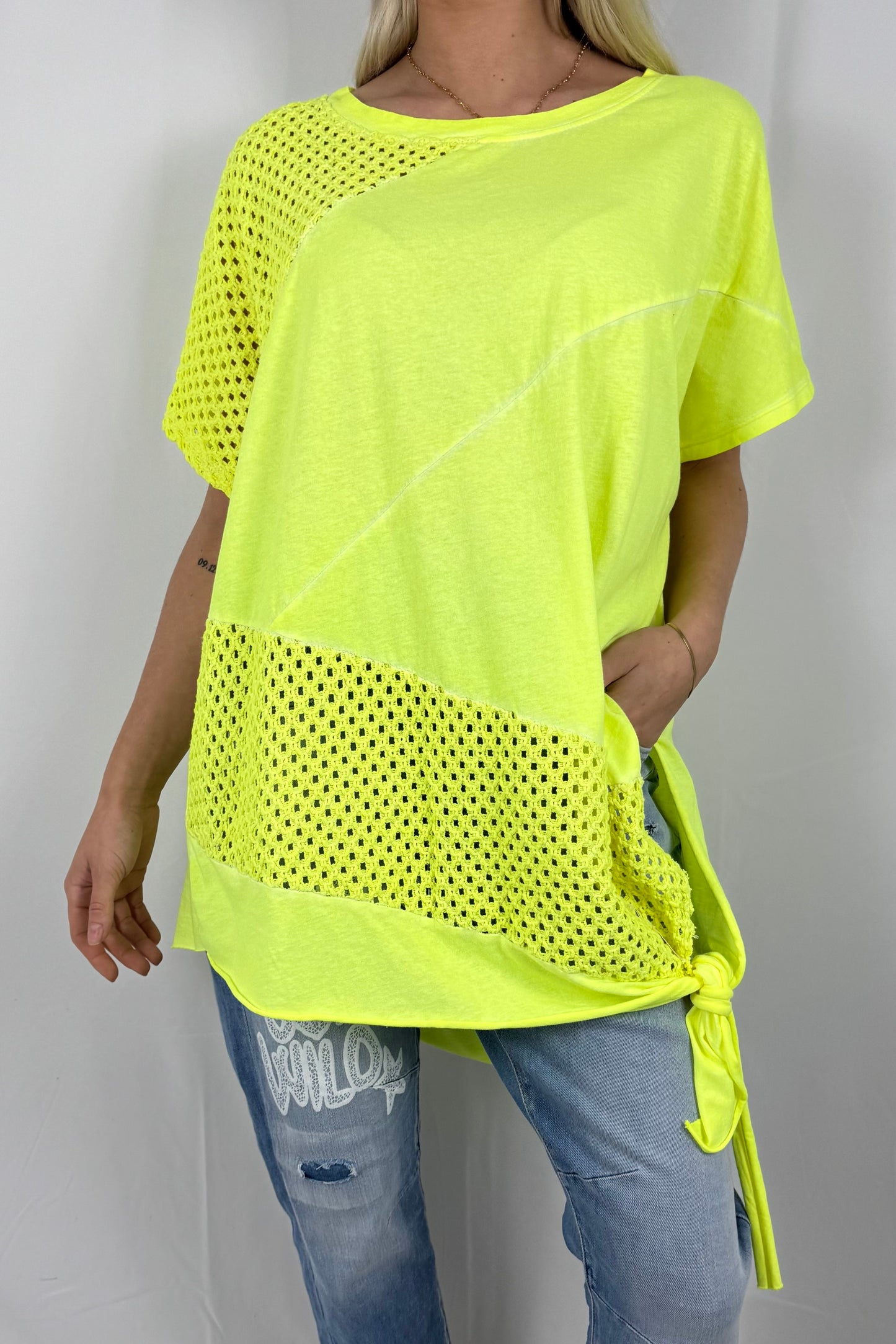 Damen Oversize Shirt mit Netz Einsatz und Bindeband-Neon gelb