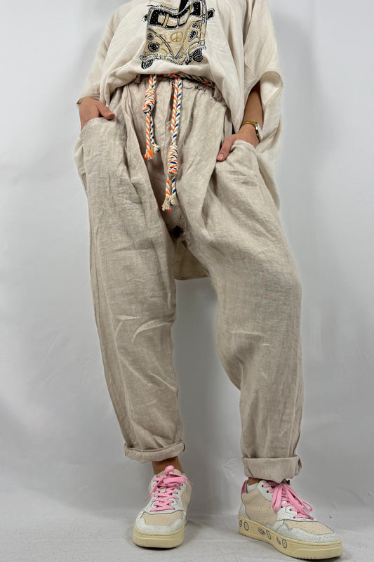 Damen Leinenhose mit Flechtgürtel-Beige