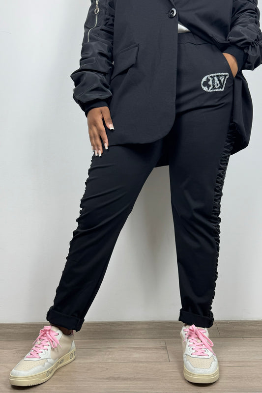 Jogpants mit Rüschen-Details und Glitzer-Emblem-Schwarz