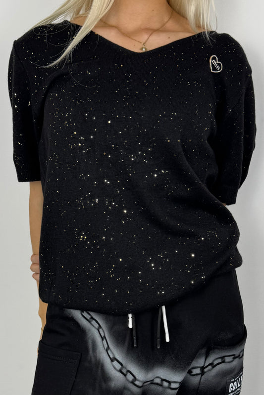 Damen Shirt mit Herz-Detail und Glitzer-Akzenten -Schwarz