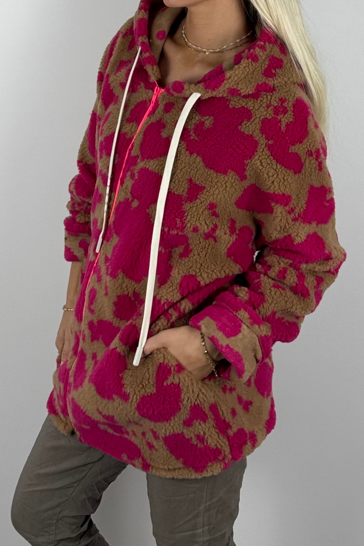 Damen Teddyjacke mit Kapuze-Pink