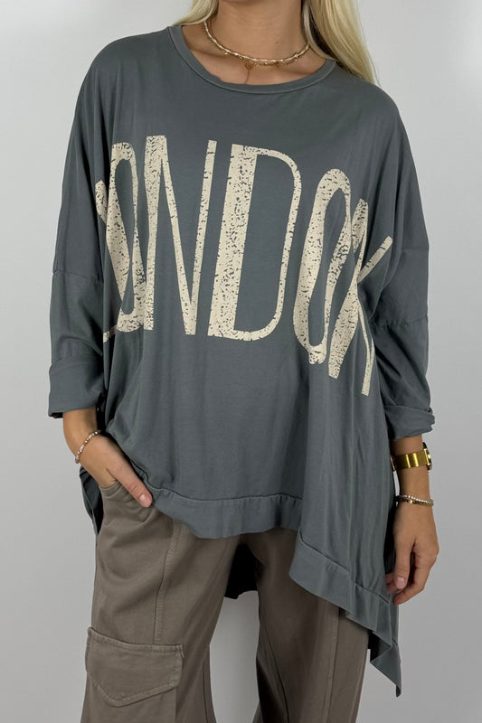 Oversize Shirt mit „LONDON“-Print – Grau