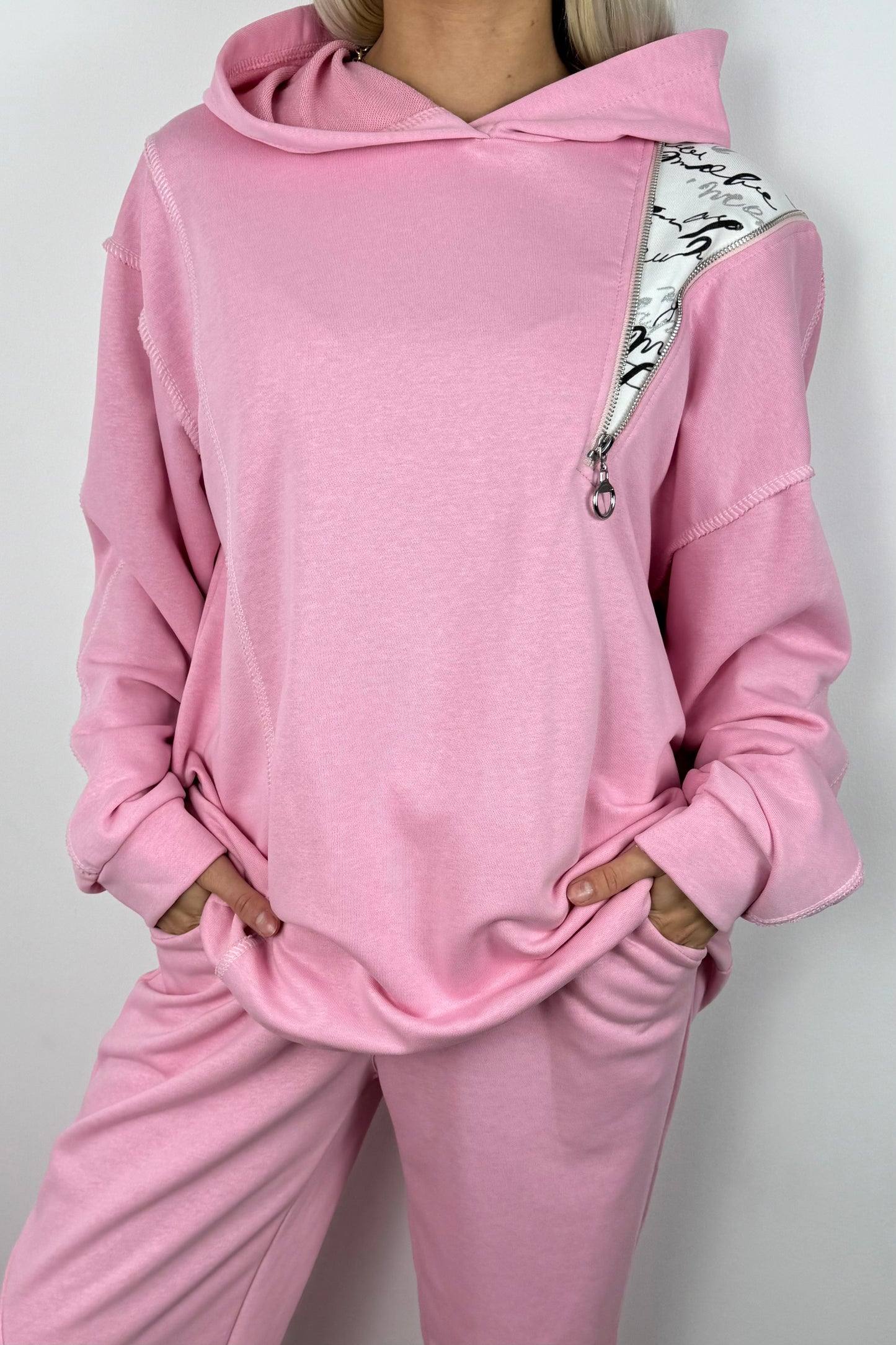 Asymmetrischer Hoodie mit Zipper –Rosa
