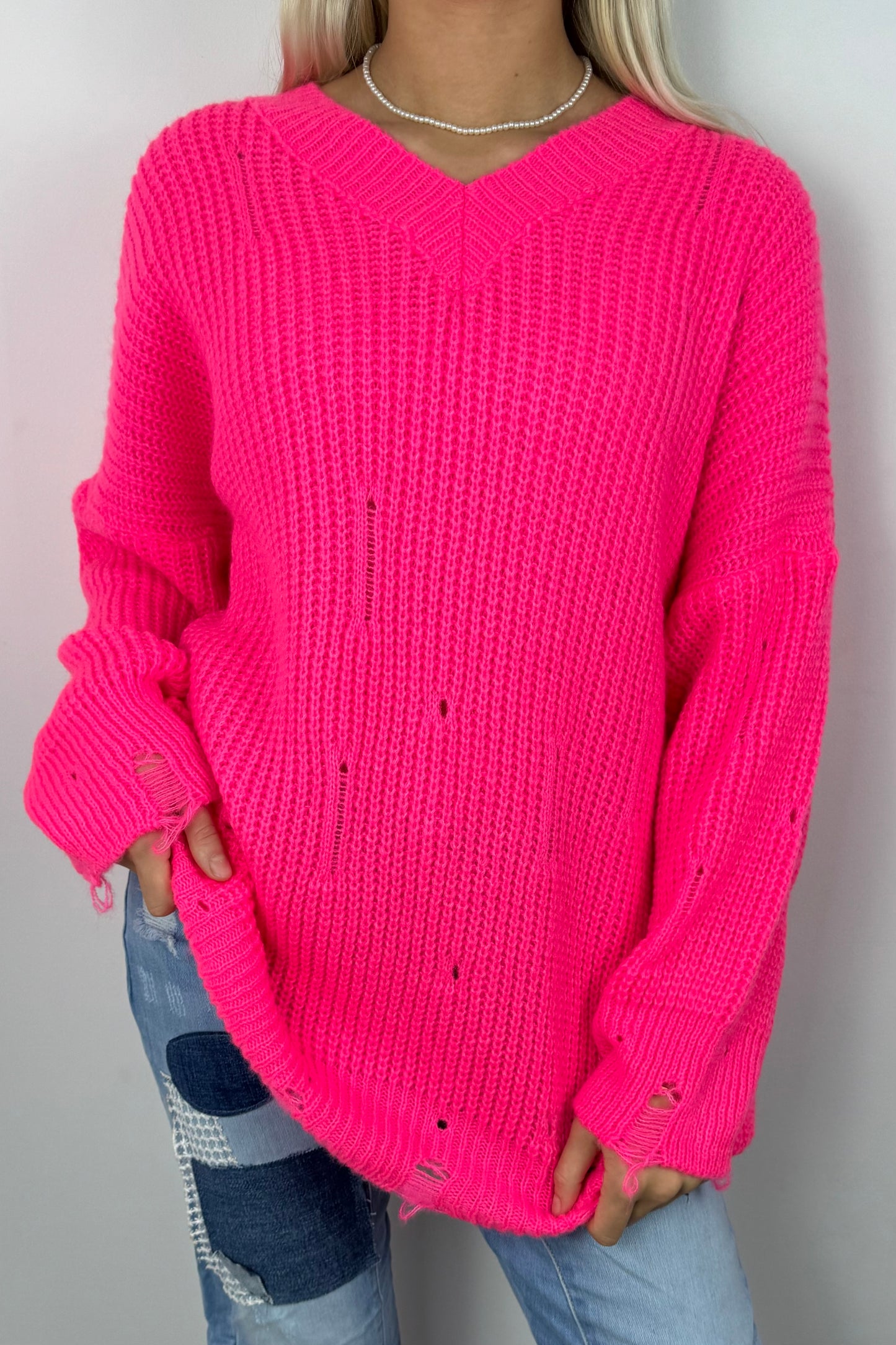 Oversize Strickpullover mit V-Ausschnitt – Pink