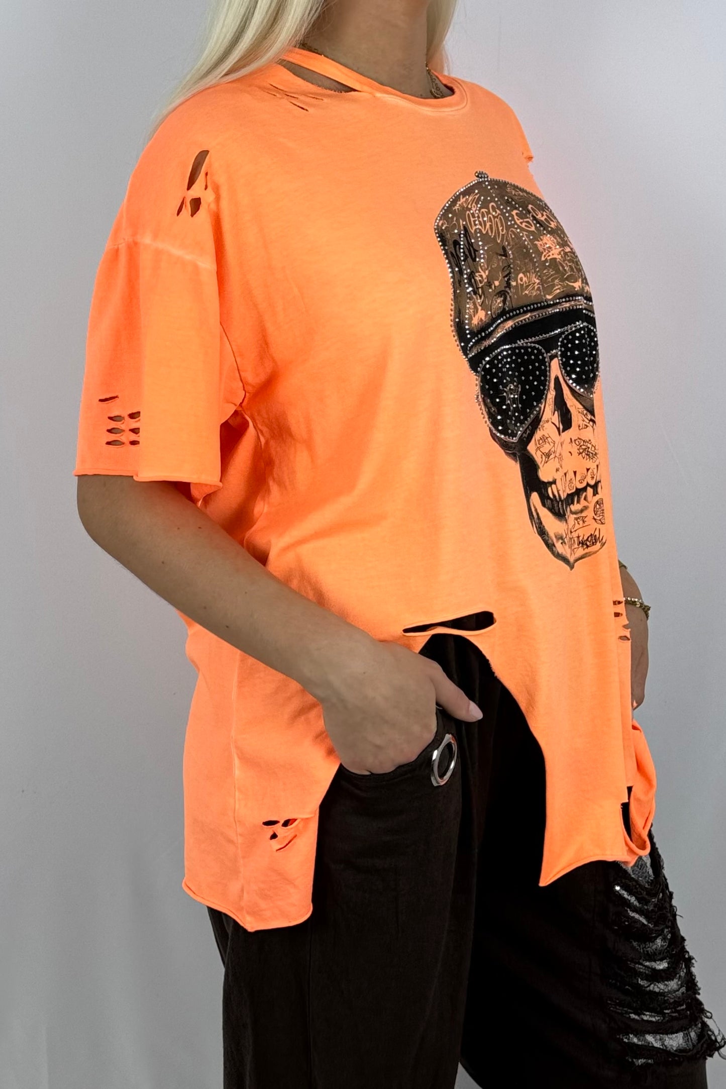Oversize Shirt mit Skull-Print & Destroyed-Look-Neon Orange