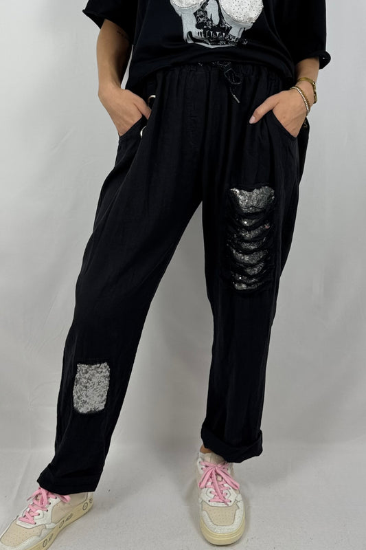 Leinen-Viskose Hose mit Pailletten-Details-Schwarz