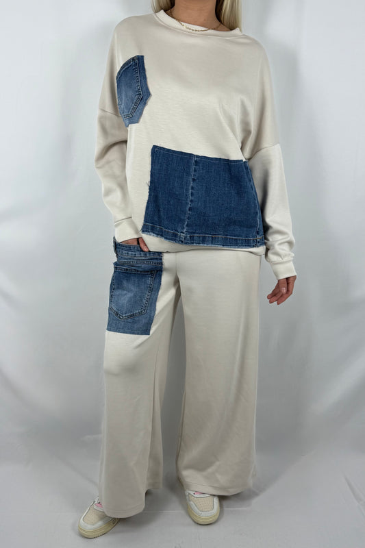 Damen Zweiteiler Set mit Denim Patch Details-Beige