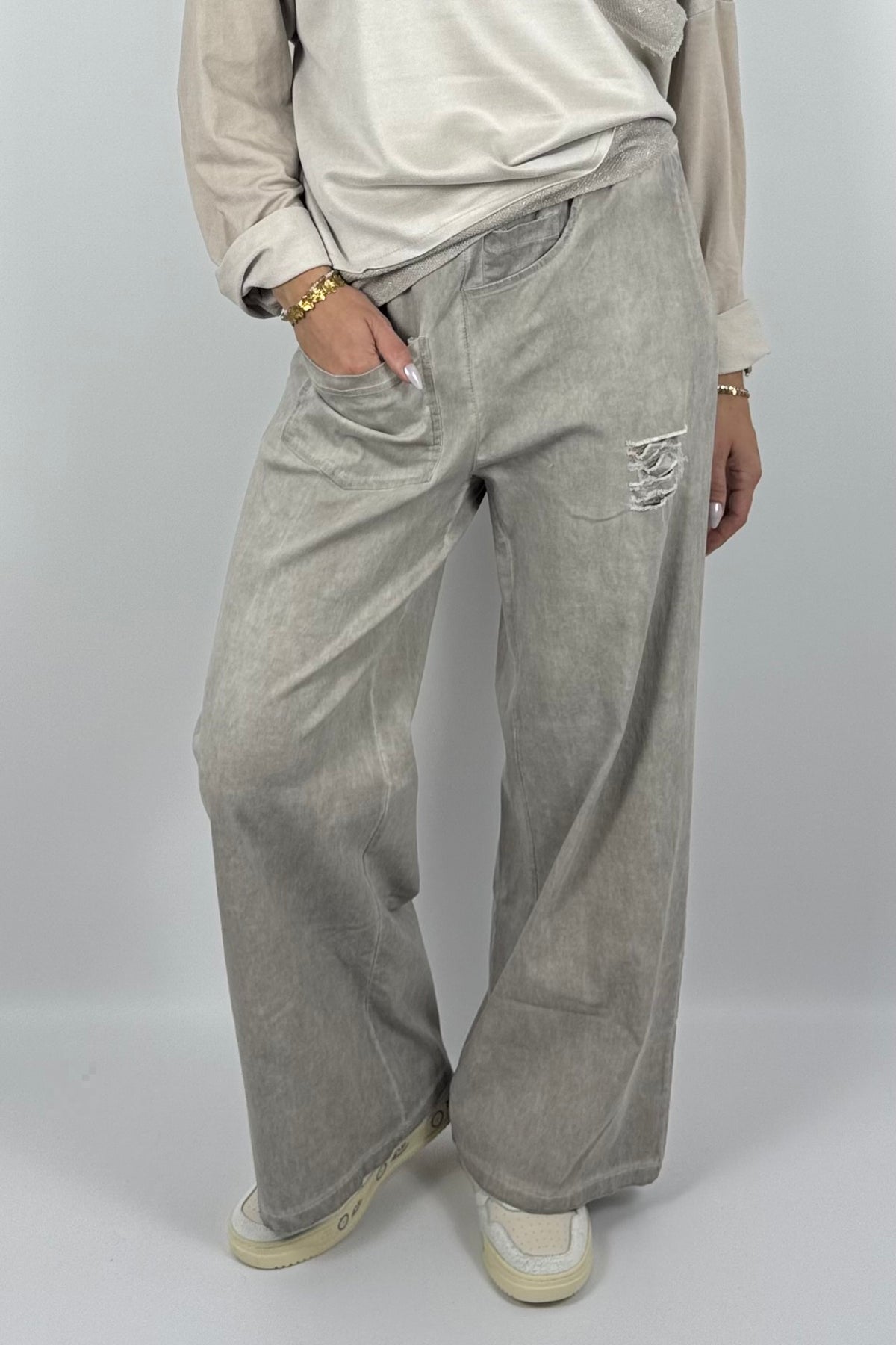 Damen Wide-Leg Hose mit Destroyed-Details – Dunkel Beige