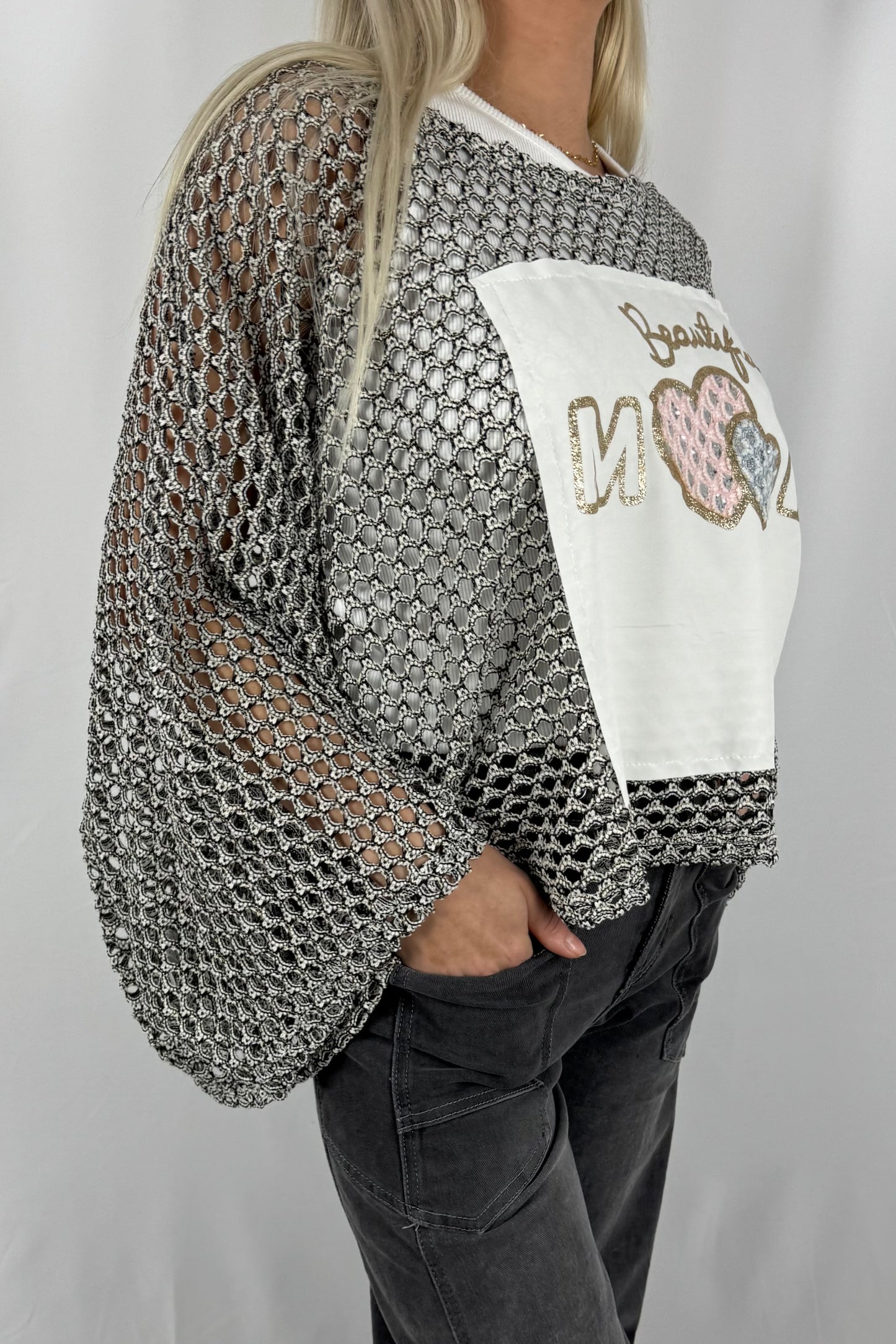 Damen Strickpullover mit Netzstruktur und Beautiful Mood Print-Schwarz