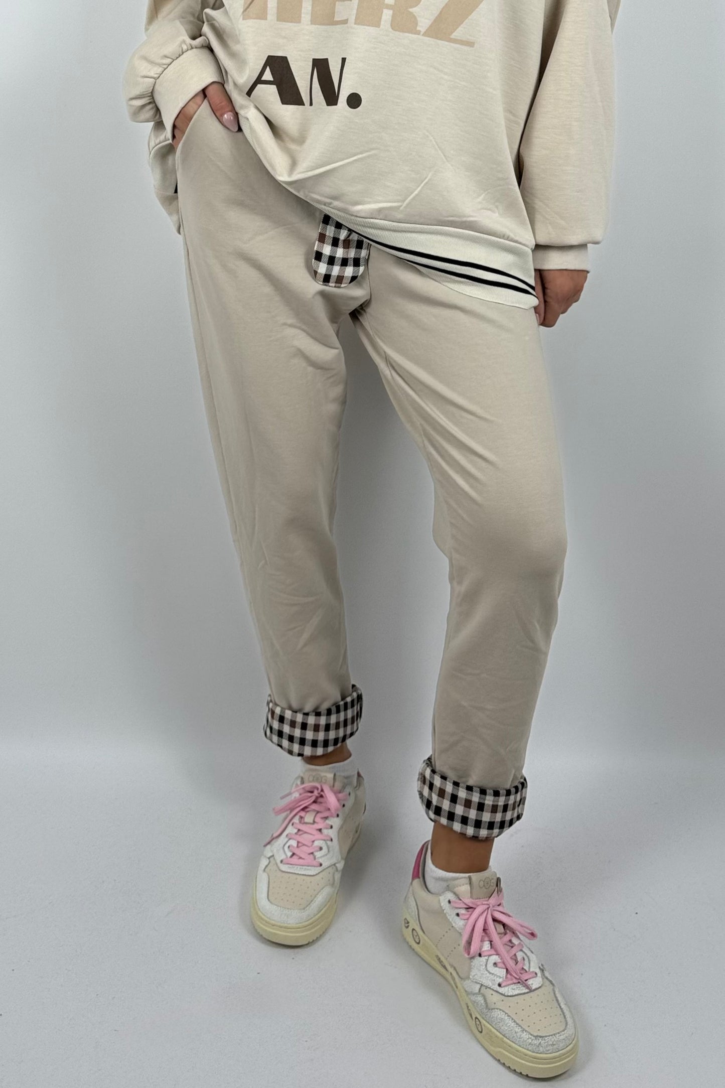 Damenhose mit Karomuster-Details & Bindegürtel-Beige