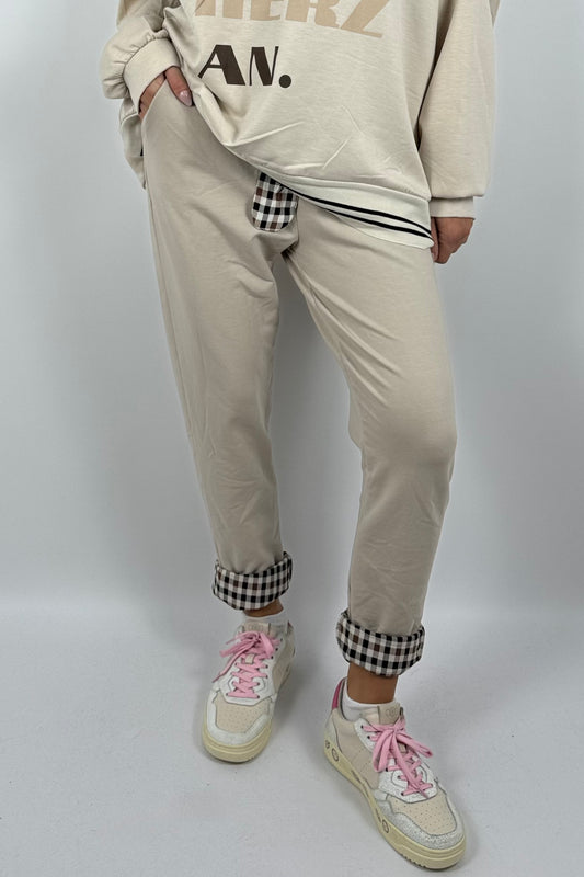 Damenhose mit Karomuster-Details & Bindegürtel-Beige