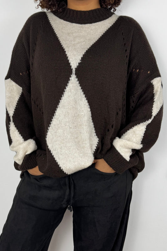 Strickpullover mit Rautenmuster –Choco