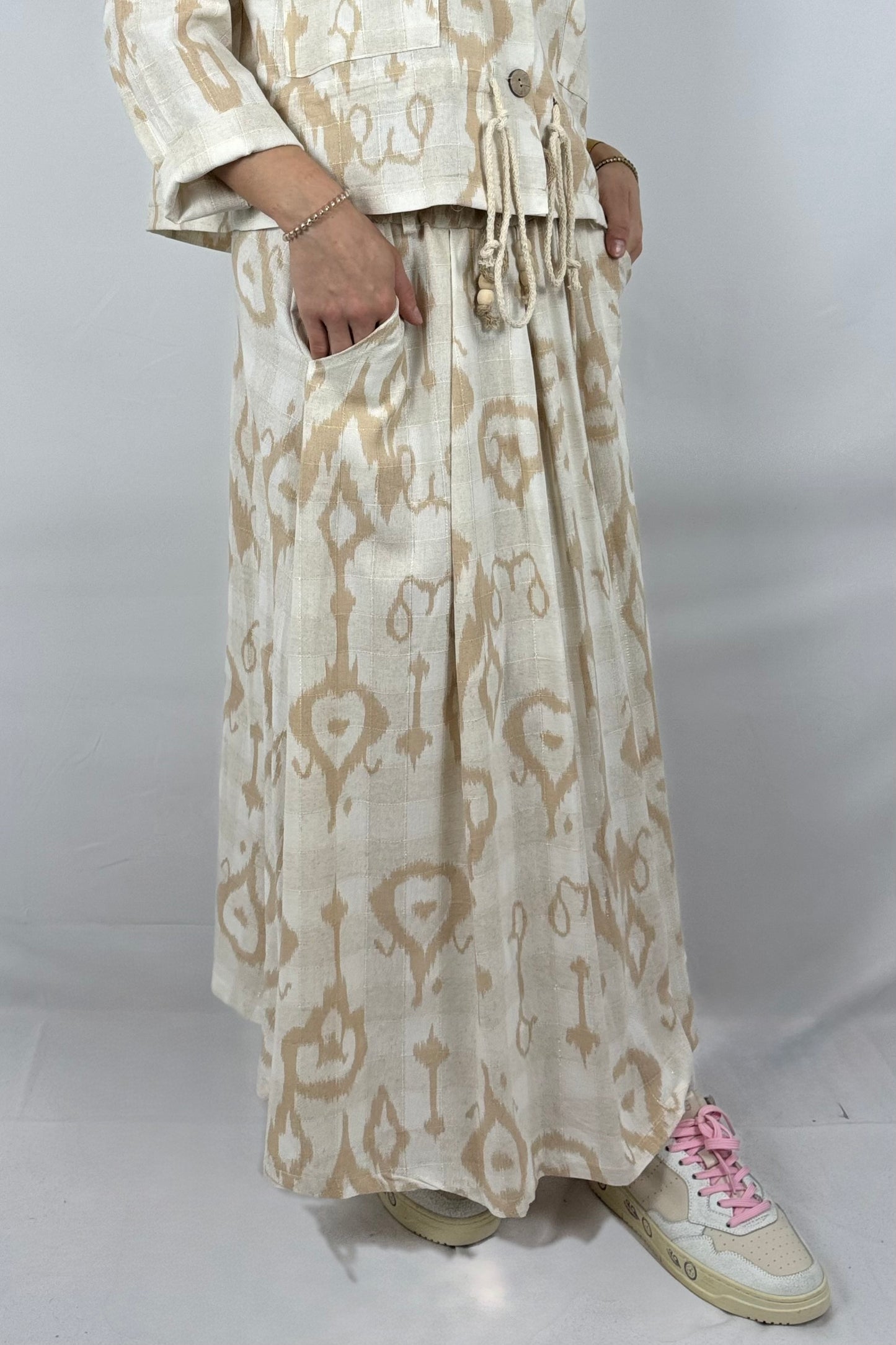 Boho Rock mit Print – Leinen/Viskose-Beige