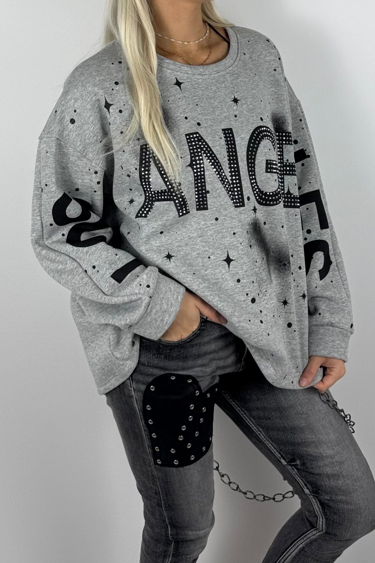 Damen-Sweatshirt mit „Los Angeles“-Schriftzug und Glitzersteinen - grau