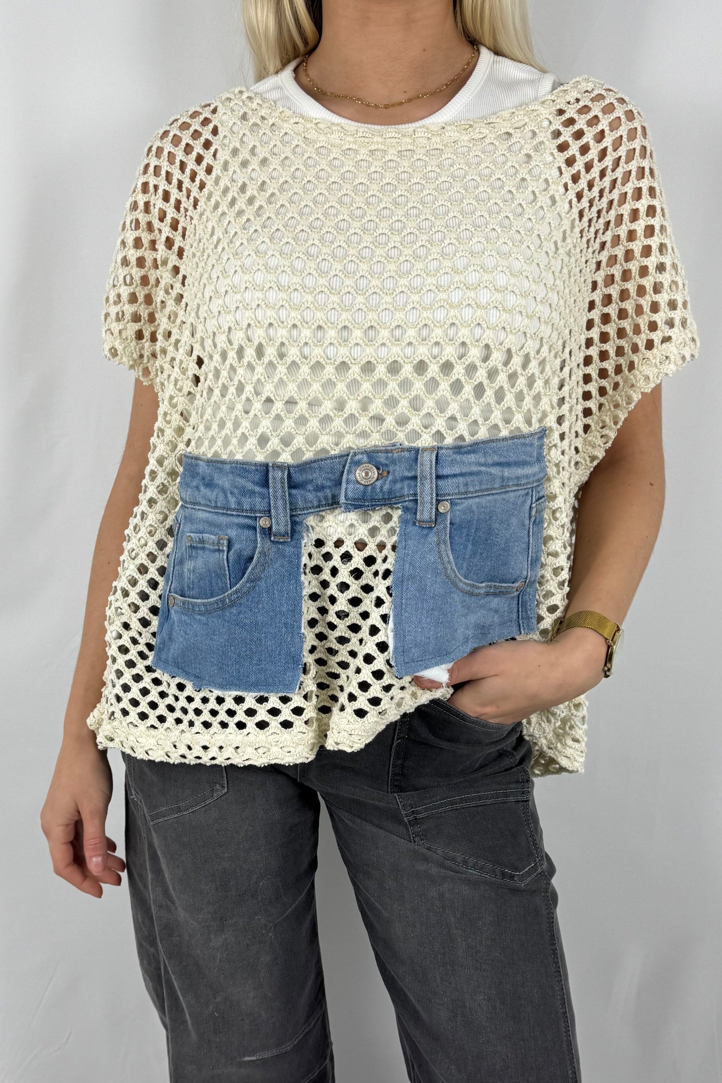 Damen Strick Shirt mit Netzstruktur und Denim Detail-Beige