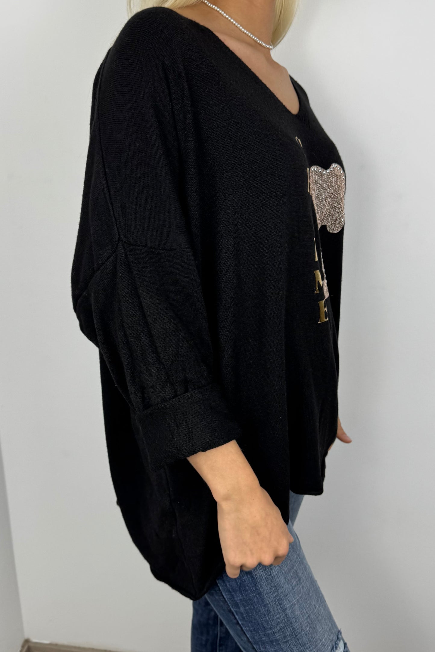 Damen Shirt mit V-Ausschnitt und Glitzer-Applikation –Schwarz
