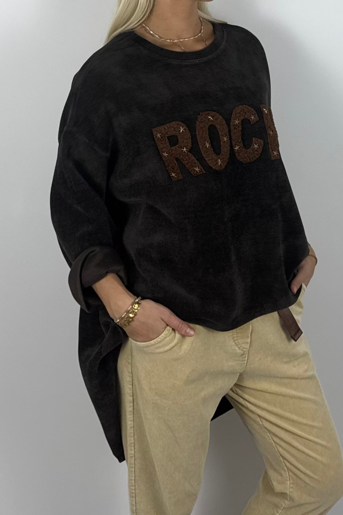Damen Oversize Sweatshirt „ROCK“ –Schoko