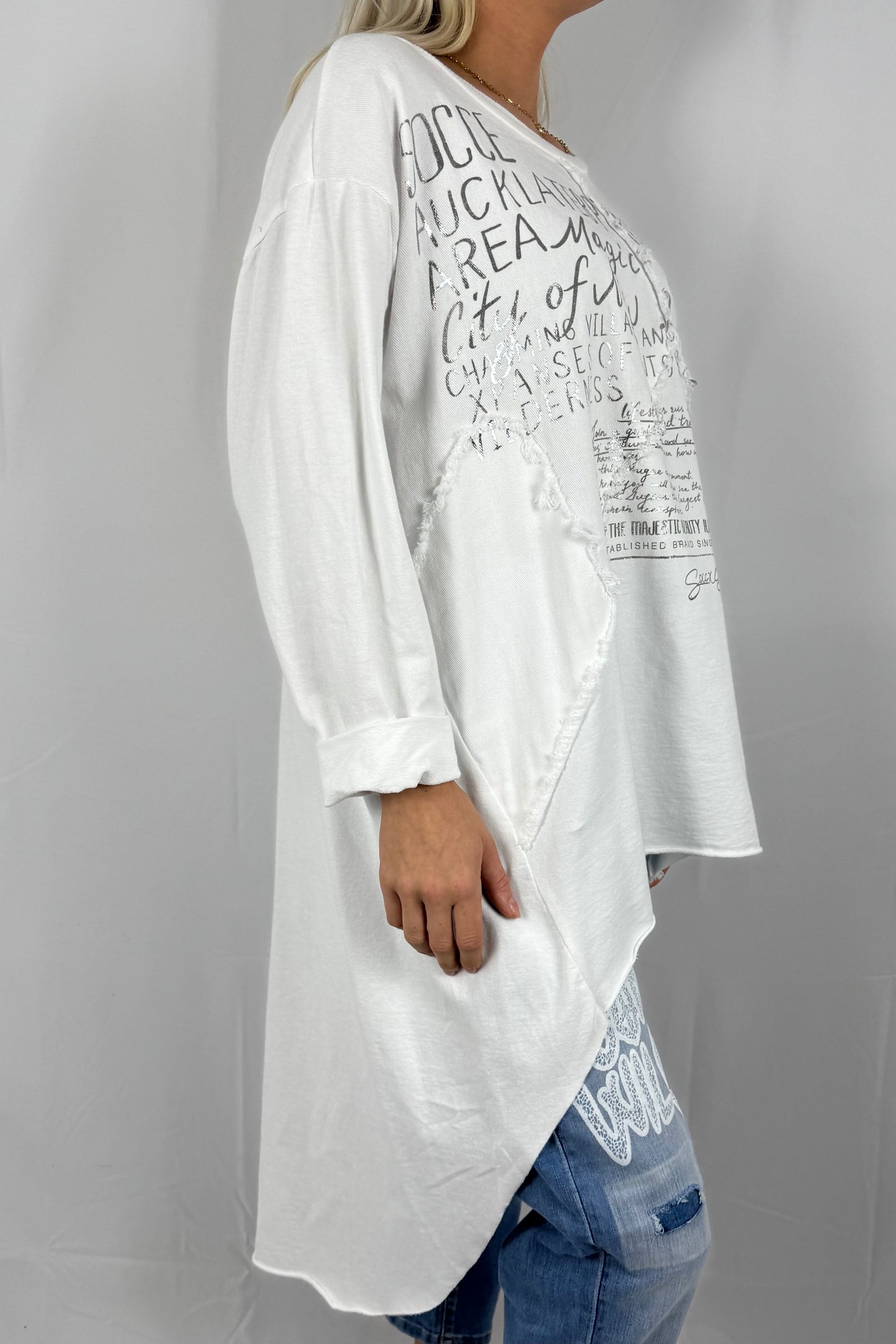 Damen Oversize Longshirt mit Schrift Print-Weiß