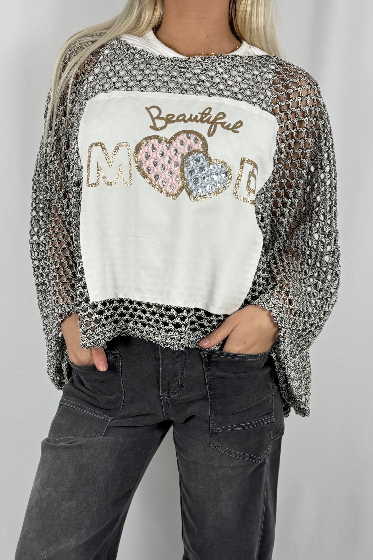 Damen Strickpullover mit Netzstruktur und Beautiful Mood Print-Schwarz