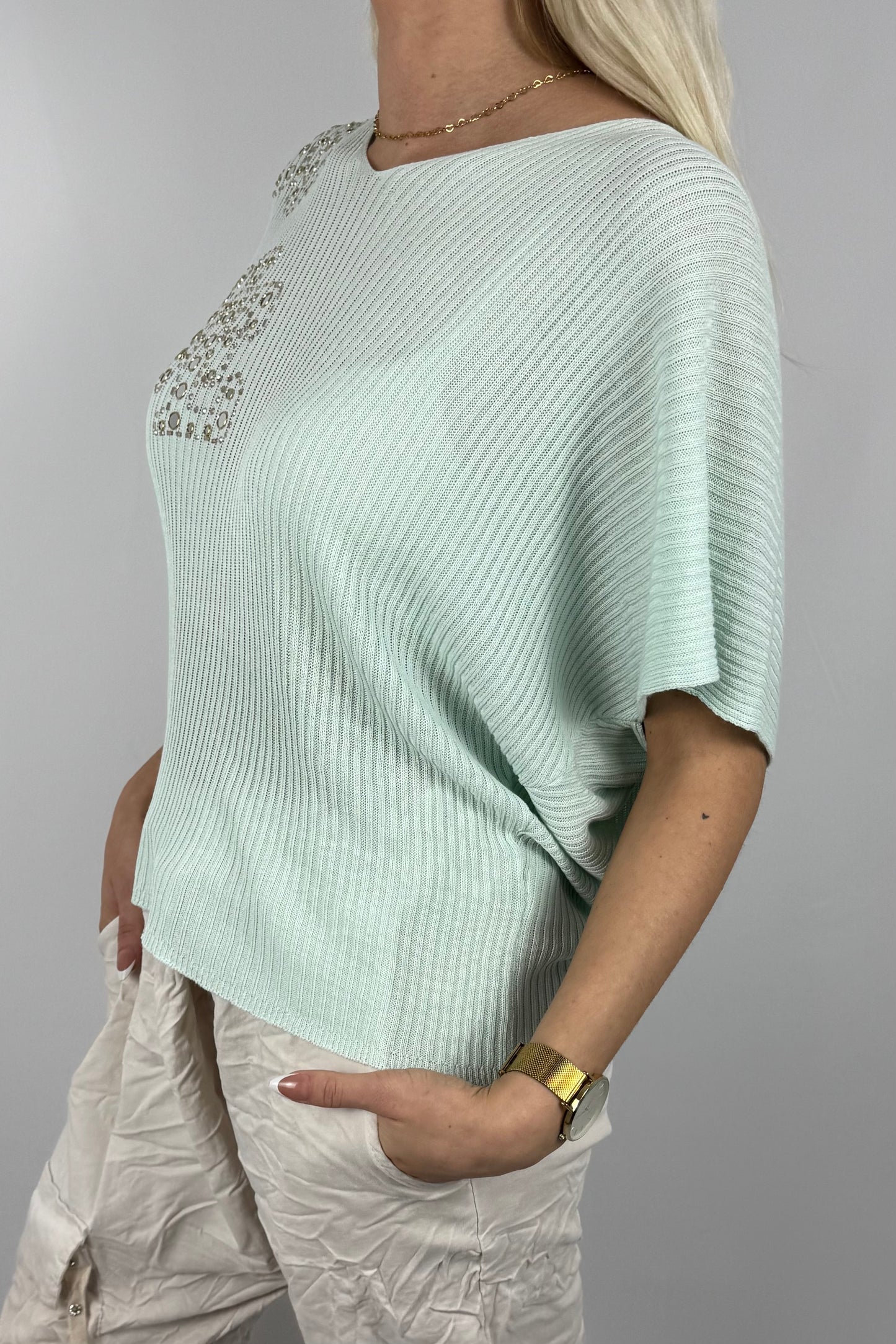 Strickshirt LOVE mit Glitzersteinen Damen-Mint