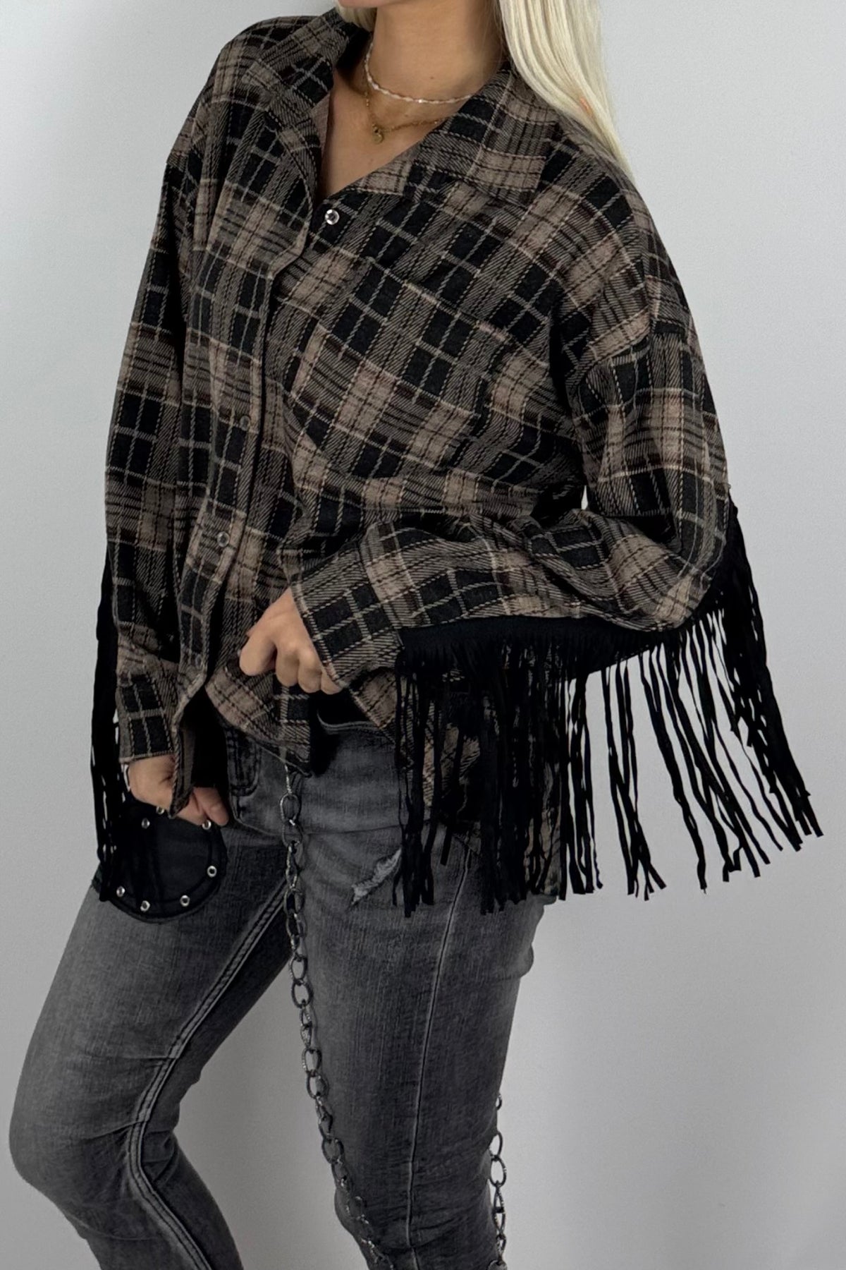 Damen-Karobluse mit Fransen-Mud