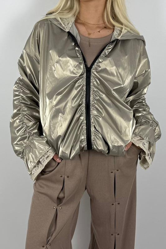 Damen Glanz-Jacke mit Kapuze – Metallic Look - Beige