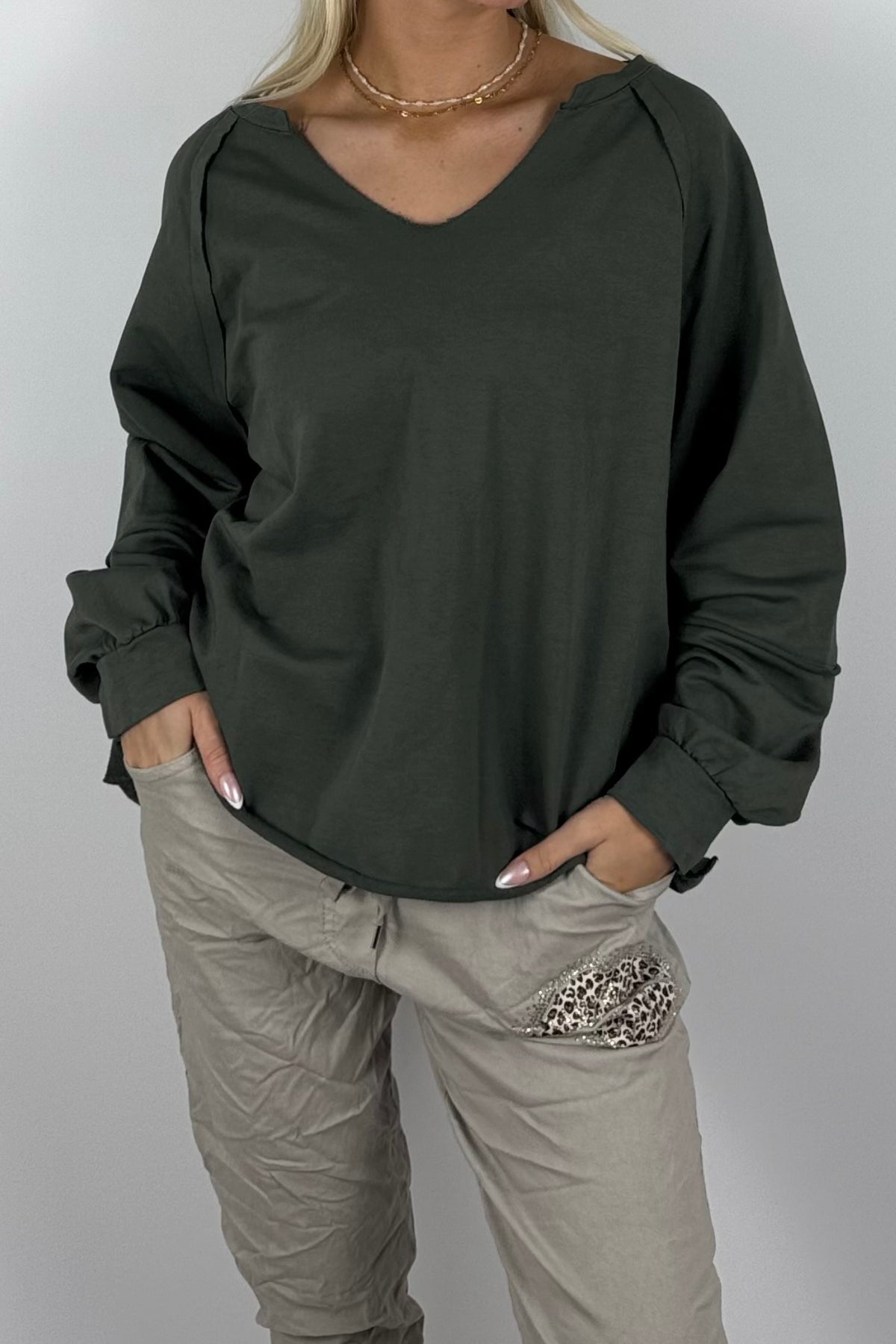 Damen Oversize-Sweatshirt mit V-Ausschnitt-Khaki