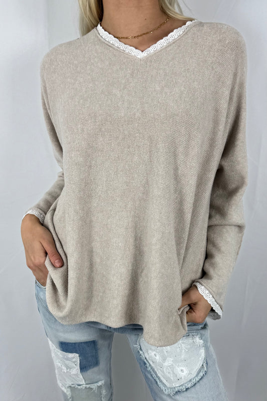 Shirt mit V-Ausschnitt & Spitzen-Detail –Beige