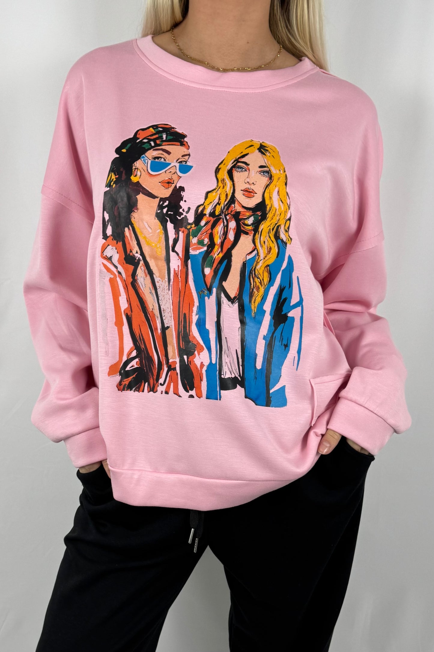 Oversize Damen Sweatshirt mit Fashion Print-Rosa