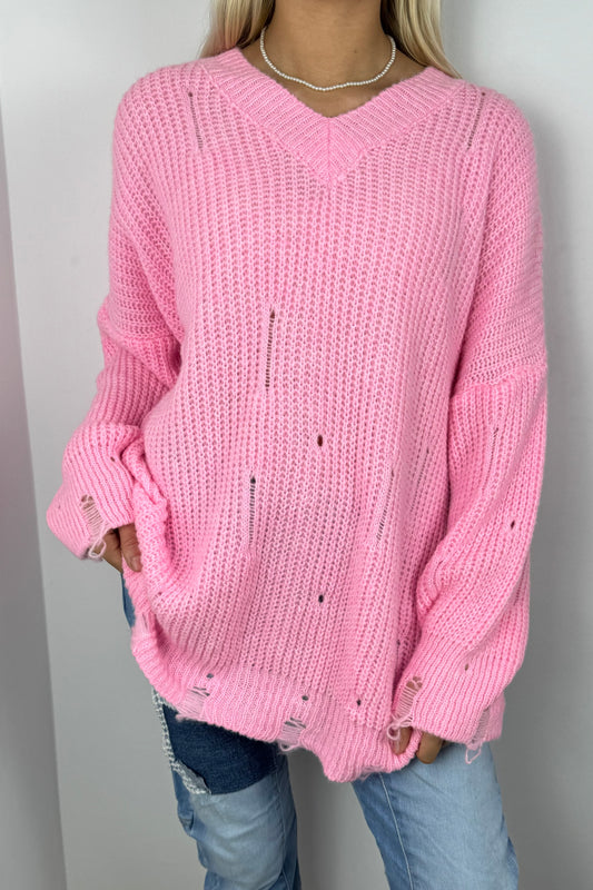 Oversize Strickpullover mit V-Ausschnitt – Rosa