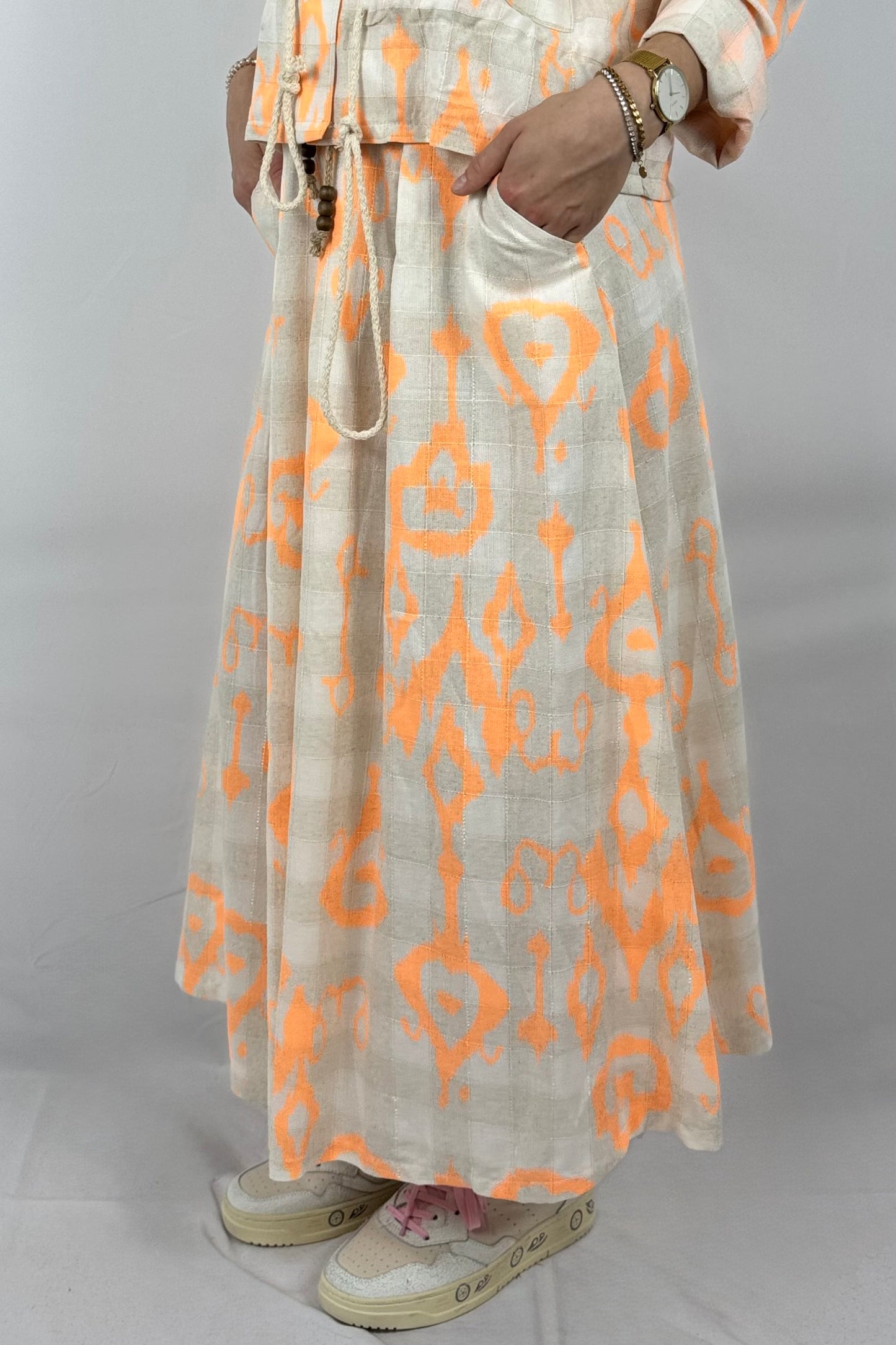 Boho Rock mit Print – Leinen/Viskose-Neon Orange