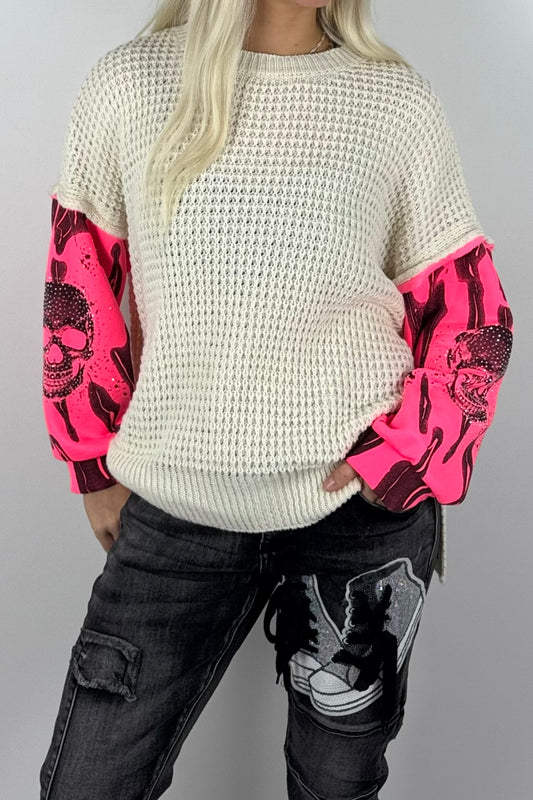 Damen-Pullover mit Strickstruktur und Totenkopfärmeln-Neon Pink