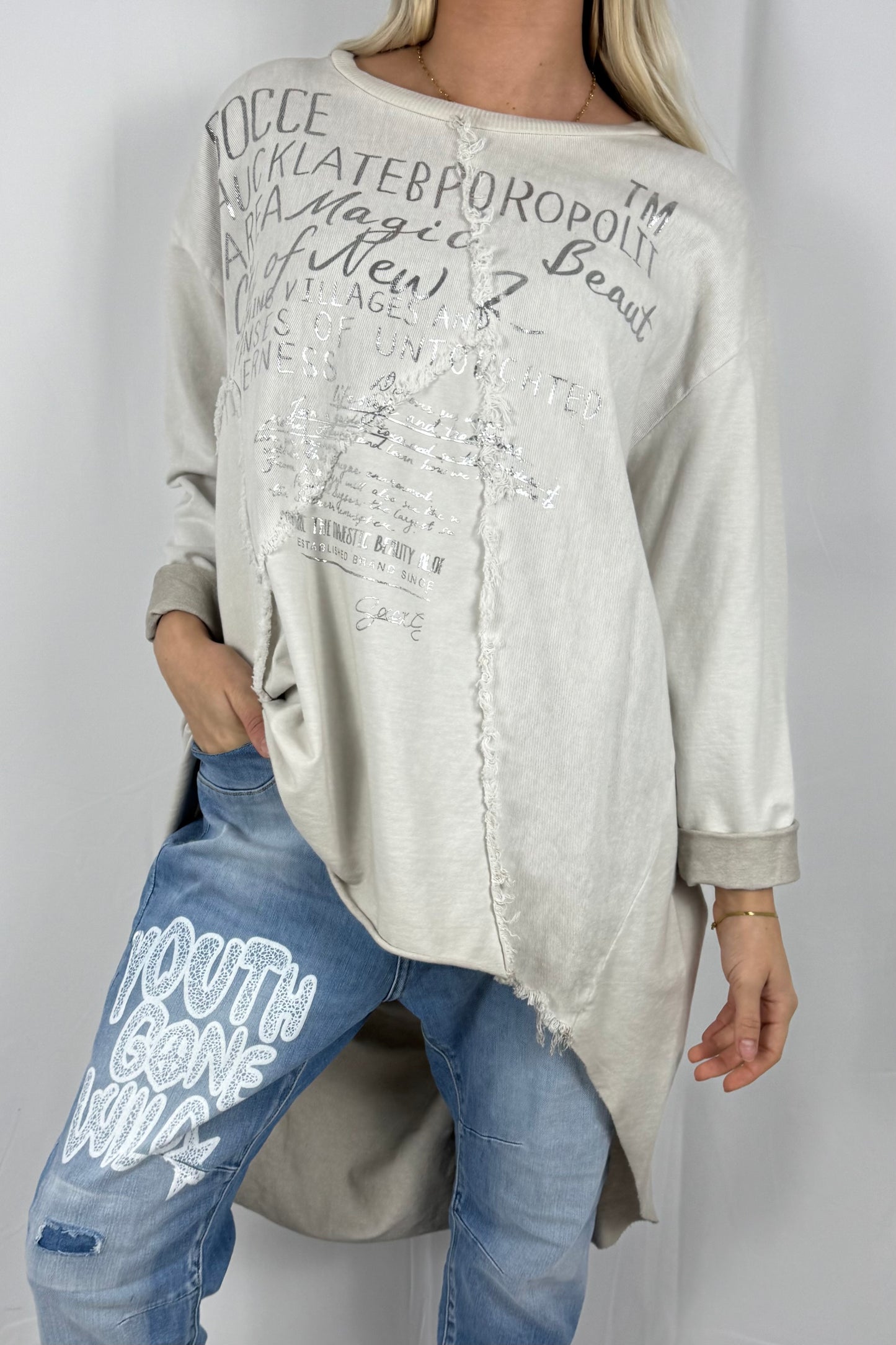 Damen Oversize Longshirt mit Schrift Print-Beige