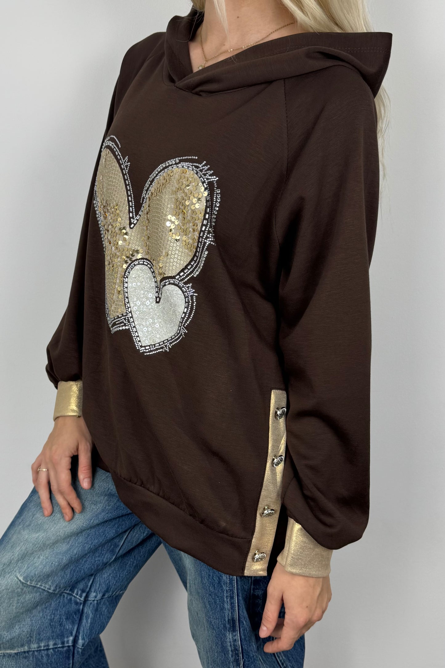 Hoodie mit Herz-Applikation und Glitzer-Details-Choco