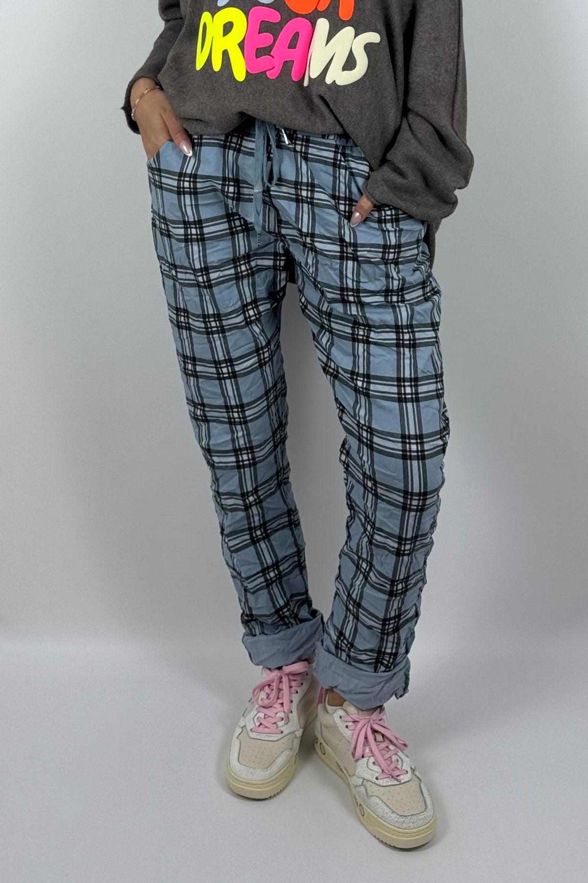 Damen Schlupfhose mit Karomuster- Blau