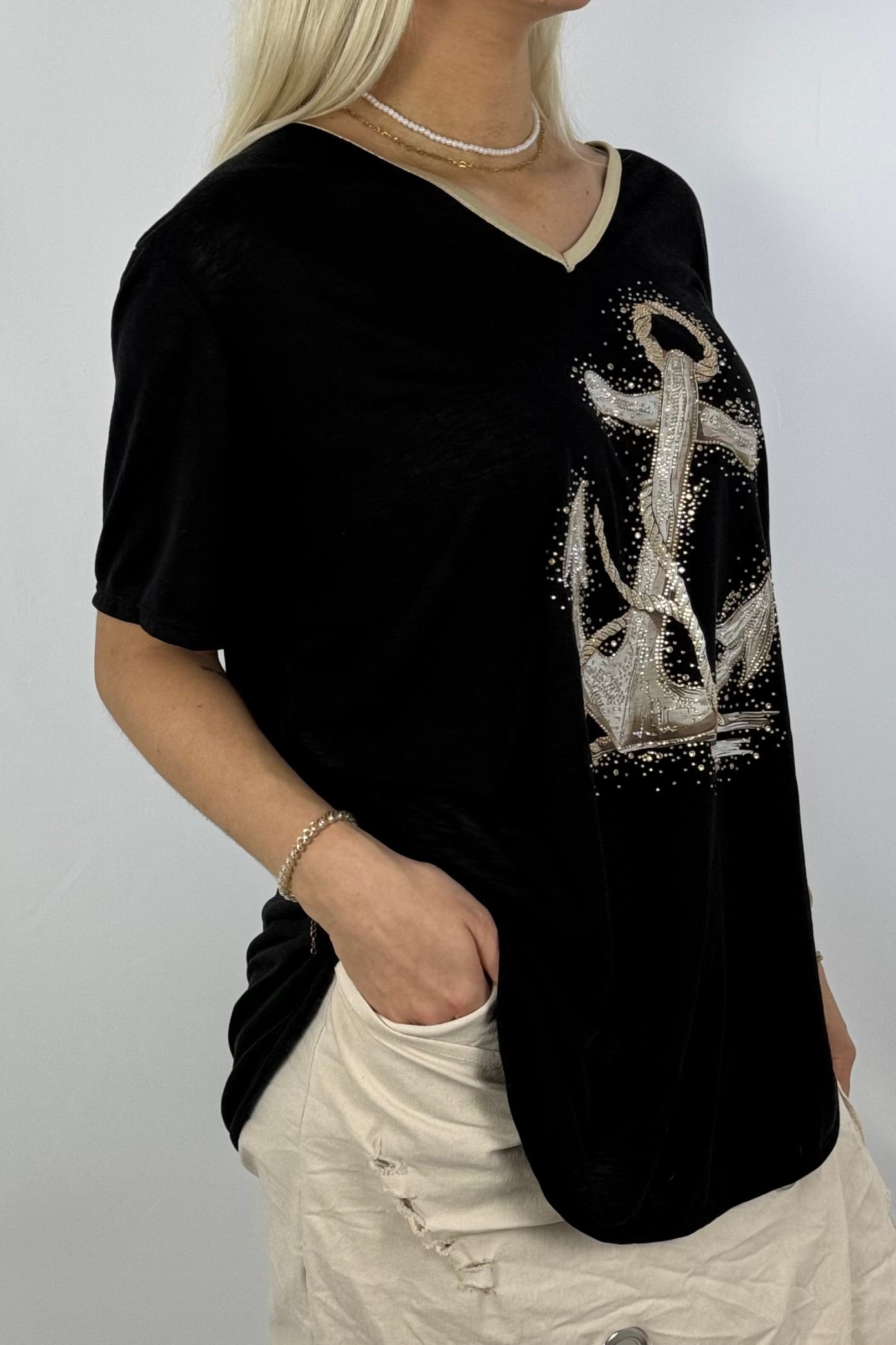 Oversize-Shirt mit Anker-Print & Golddetails-Schwarz