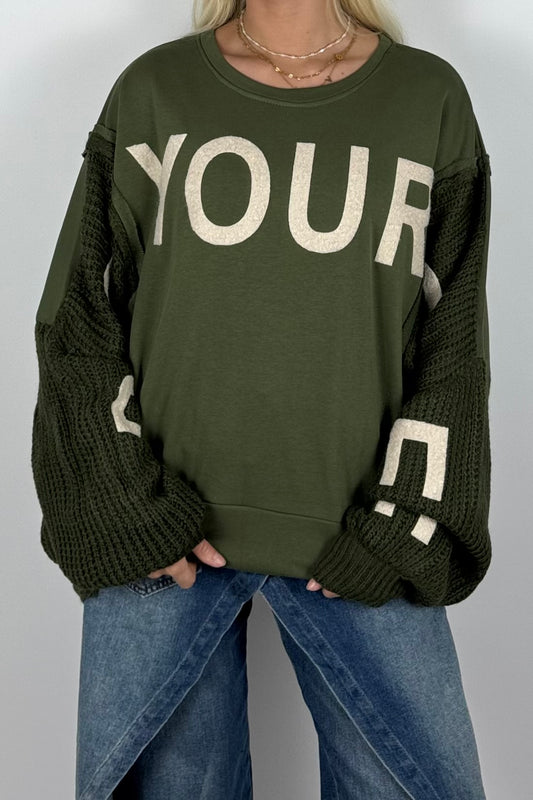 Damen Oversize Sweatshirt mit Strickärmeln & Statement – Khaki